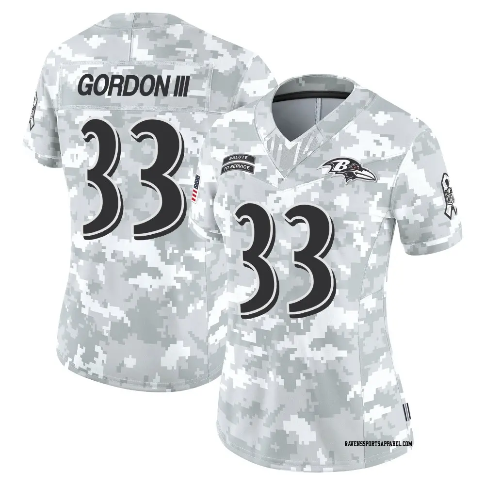 Limited Arctic Camo Women's Melvin Gordon III Baltimore Ravens 2024 Salute to Service Jersey