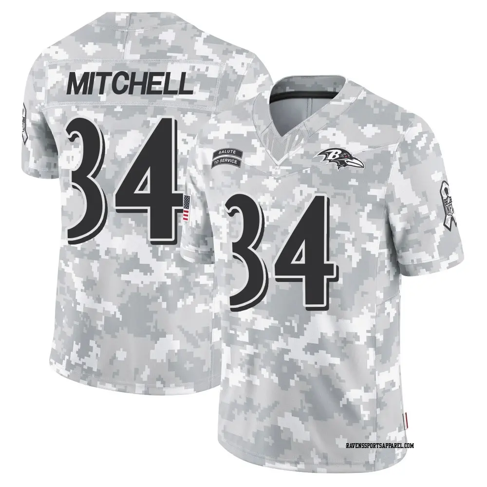 Limited Arctic Camo Youth Keaton Mitchell Baltimore Ravens 2024 Salute to Service Jersey